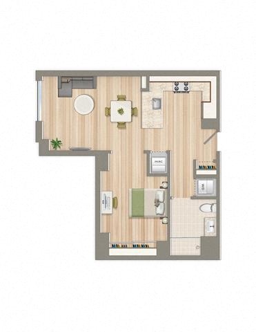 Floor plan for 1 bed, 1 bath, 715 sqft